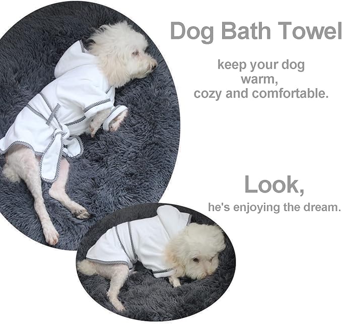 Dog Bathrobe, Microfiber Fast Drying Absorbent Hooded Bath Towel White for Puppy Small Medium Large Dog Cat (M, White)