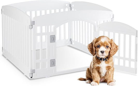 HealSmart 4 Panel Dog Playpen, 24” Exercise Puppy Playpen with Door, Safe, Secure, Folding & Portable Pet Playpen for Indoor & Outdoor Use, Suitable for Puppies and Small, White