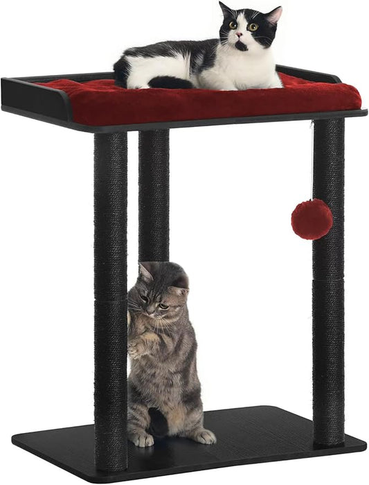 FourFurPets 26.7in Large Cat Tree Tower Condo, Cat Scratch Posts for Indoor Cats, Big Plate, Three 23.6in Full Sisal Scratching Posts, Black&Red