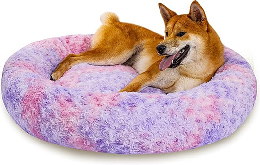 Calming Dog Bed for Medium Dogs Cats, Puppy 31'' Round Anti-Anxiety Warm Fluffy Plush Faux Fur Bed, Soft Anti-Slip Donut Washable, Cozy Medium Puppy Bed, Fits up to 50 lbs Pets