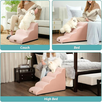 Dog Stairs for Small Dogs 15.7" H, Curved Dog Step for Puppy, Older Cat, Medium Pet Ramp for Sofa, Couch or Chair, Ladder with High Density Foam, 3 Step, 15.7x22.4x15.7 inch, Pink