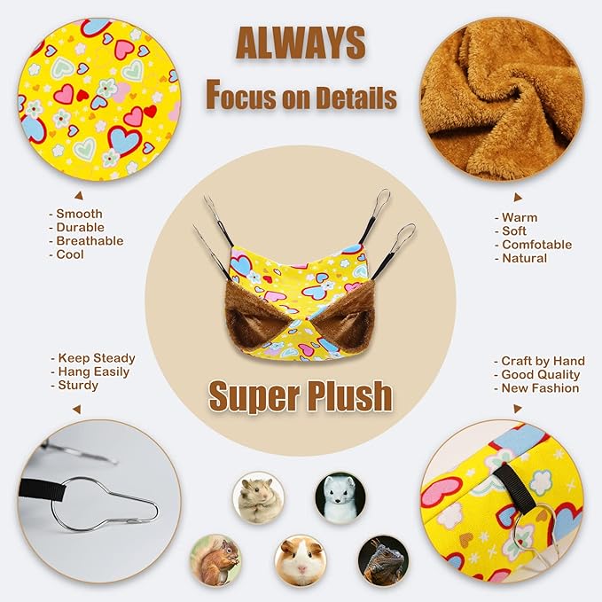 Ferret Rat Hammock Guinea Pig Hideout Toys Large Soft Small Animal Bed Sugar Glider Chinchilla Squirrel Hammock Set for Cage Accessories Pet House Hamster Hang Tunnel and Tube,2 Pack,Yellow
