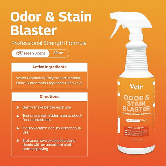 vetr Pet Odor & Stain Blaster - Enzyme Pet Stain & Odor Removal Spray - 32 oz Bottle for Carpet, Upholstery & Floors - Rid of Dog & Cat Urine, Vomit & Messes