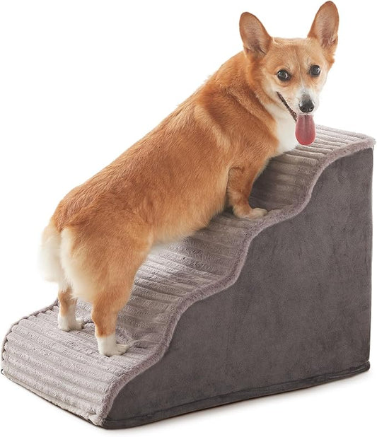 Dog Stairs for Small Dogs and Cats 18" H, High Density Support Foam Dog Steps Ramp for Bed and Couch, Pet Stairs with Non-Slip Bottom and Remove Washable Cover, 4-Step Pet Steps, Grey