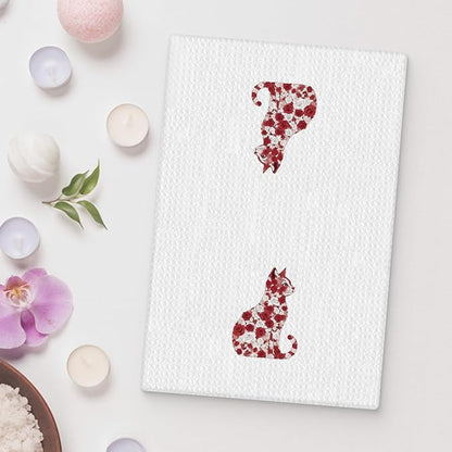 Red White Rose Floral Cat Kitchen Towel, Floral Cat Hand Towel for Bathroom Decor, Kitten Dish Tea Towel for Kitchen Decor, Pet Gifts for Kitten Lovers Women Girls, 16x24 Inch