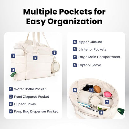 rubyloo Puffer Dog Travel Bag for Dog Moms – Doggy Diaper Bag with Pet Bowls & Food Storage or Everyday Puffy Tote – Doggy Mom Gifts for Women – Lightweight, Travel-Ready Gift for Pet Lovers – Beige