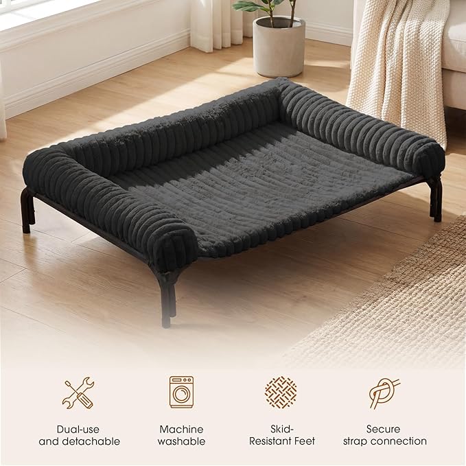 Elevated Dog Bed with Removable Bolster Cushion Mat, Raised Pet Cot for Medium Sized Dog with Breathable & Washable Mesh, Indoor & Outdoor Pet Hammock with Skid-Resistant Feet.