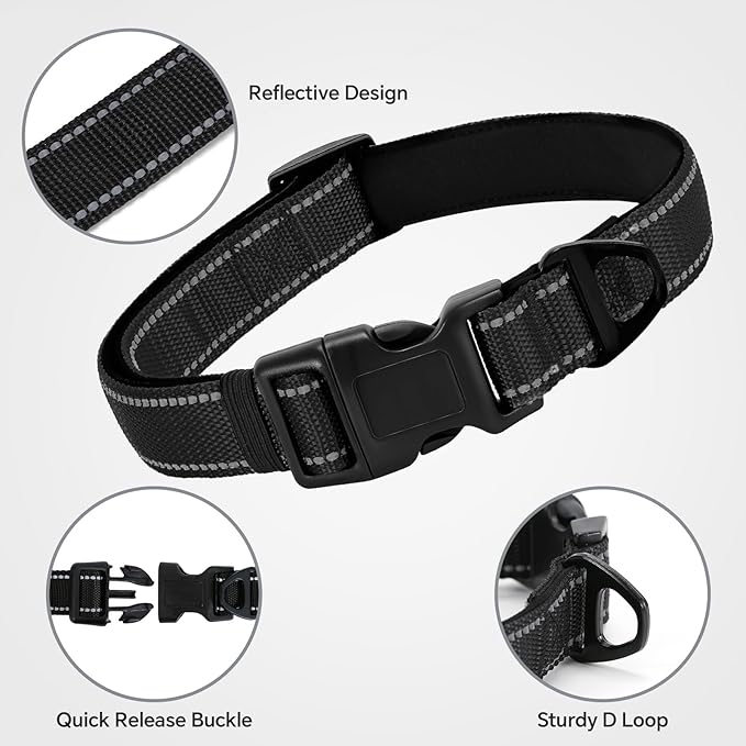Reflective Dog Collar with Quick Release Buckle - Metal Ring - Adjustable Soft Neoprene Padded Basic Dog Collar for Small Medium Large Dogs (Black, Medium :Width 1",Neck 13.8-19.6")