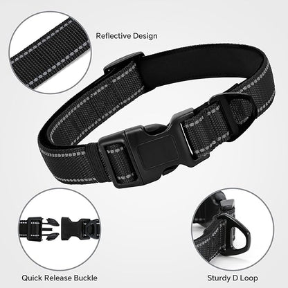 Reflective Dog Collar with Quick Release Buckle - Metal Ring - Adjustable Soft Neoprene Padded Basic Dog Collar for Small Medium Large Dogs (Black, Large :Width 1",Neck 15.7-23.6")