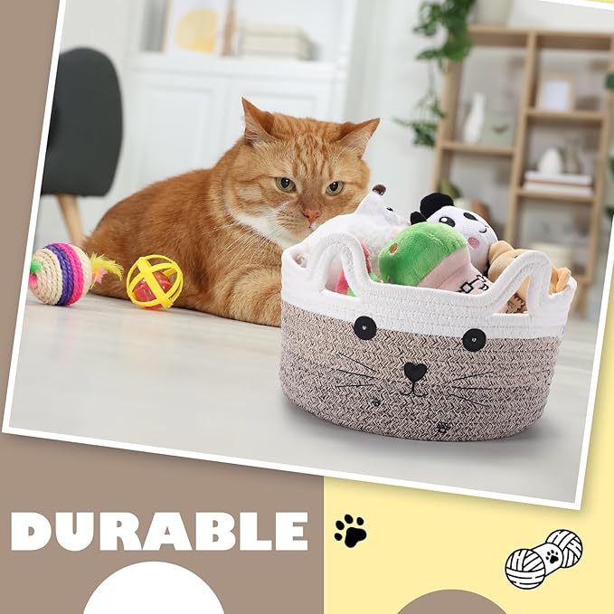 Zopeal Cat Basket Storage Woven Organizer with Ears Easter Decorative Pet Toy Cute Cotton Rope Basket for Gift Cat Dog Toy Bin Nursery Room(8.3 x 4.7 Inch,Gradient Khaki)