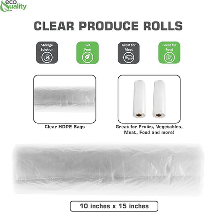 EcoQuality 10x15 Plastic Produce Bags on Roll - 500 Bags/Roll, Clear Plastic Bags for Vegetables, Fruits, Bread, Pet Waste, Grocery & Supermarket Use