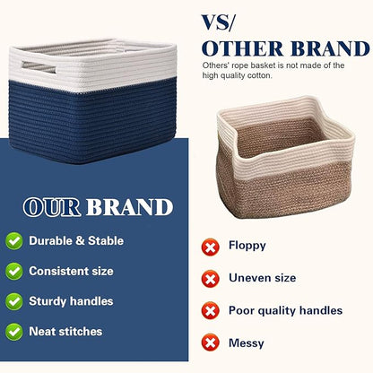 Storage Baskets for Organizing, 4 Pack Baskets for Shelves, Decorative Storage Bins for Shelves, Cotton Rope Storage Basket with Handles, Woven Basket for Storage, 13''Lx8.7''Wx7.9''H, White & Blue