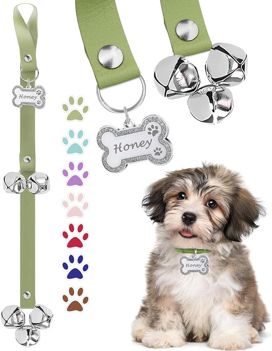 Leather Dog Bells, Puppy Potty Training Bell Dog Doorbell Potty Train Dog Bell for Potty Training Door Bells for Dogs to Ring to Go Outside Jingle Bells (Leather Green, Glitter Bone 1 PCS)