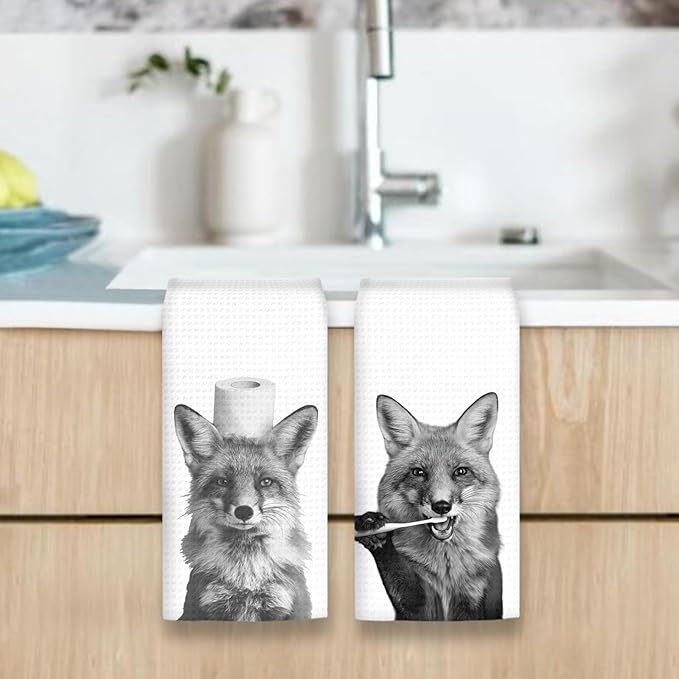 Funny Fox Hand Towels Set of 2, Fox Decor for Home Bathroom, Funny Forest Animal Brush Teeth Hand Towels for Washroom Restroom, Foxes Gifts for Kids, Cabin Foxes Kids Bathroom Decor, 16x24In
