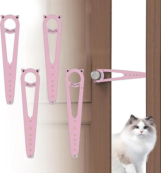 Cat Door Latch with Stabilizer, 7 Sizes Adjustable Cat Door Holder Latch to Keep Dog Out of Litter Box, No-Drill Alternative of Pet Gates and Interior Pet Door, Pink, 4 Packs