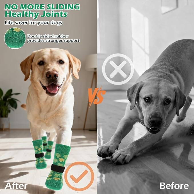 EXPAWLORER Anti Slip Dog Socks to Prevent Licking Paws, Dog Shoes Booties for Small Medium Large Senior Dogs, Traction Control Boots & Paw Protectors for Hardwood Floors St. Patrick's Day Green L