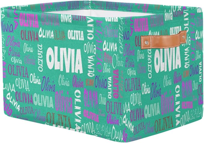 Custom Storage Baskets Named, Personalized Storage Bins Basket Boxes PU Leather Handles for Clothes Bedroom Closet Organizing Toys Books Shelves, Light Sea Green Color