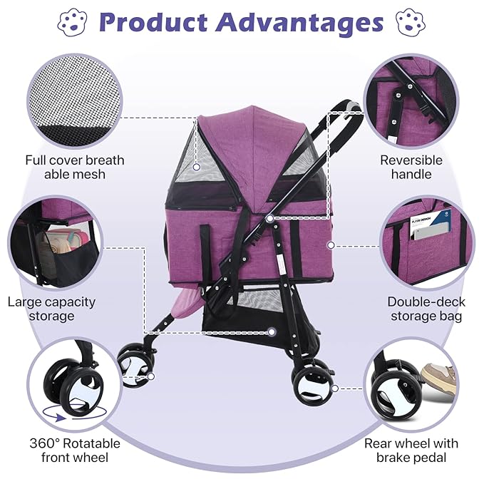 3-in-1 Folding Pet Stroller with 3 Wheels for Medium Small Dogs & Cats - Lightweight Travel Pet Stroller with Detachable Carrier, Purple