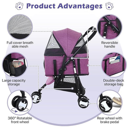 3-in-1 Folding Pet Stroller with 3 Wheels for Medium Small Dogs & Cats - Lightweight Travel Pet Stroller with Detachable Carrier, Purple