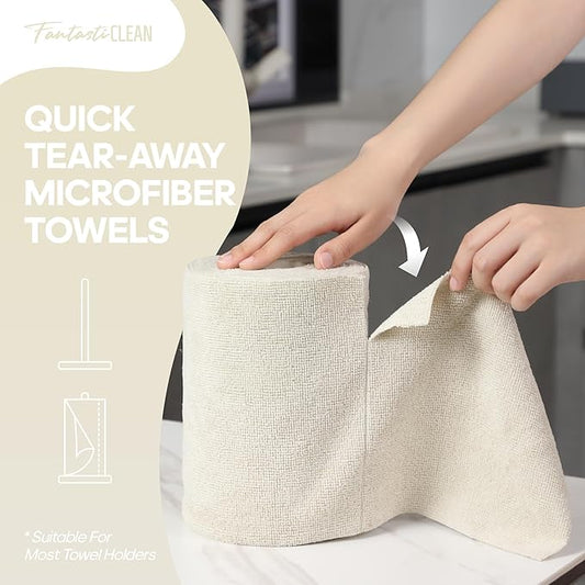Fantasticlean Microfiber Cleaning Cloth Roll 4 Rolls 240 Pack, Tear Away Paperless Towels, 8" x 8", Reusable Washable Rags, House Kitchen, Pet, Office, Indoor Outdoor, Compact and Portable (Off-White)