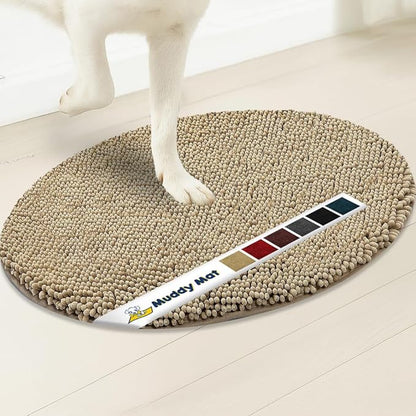 Muddy Mat® Shown on TV – Super Absorbent Microfiber Dog Door Mat for Muddy Paws, Non-Slip Washable Pet Rug, Quick Dry Chenille Entryway Carpet,Machine Washable Indoor Outdoor Mat, Beige Oval 5ft x 7ft