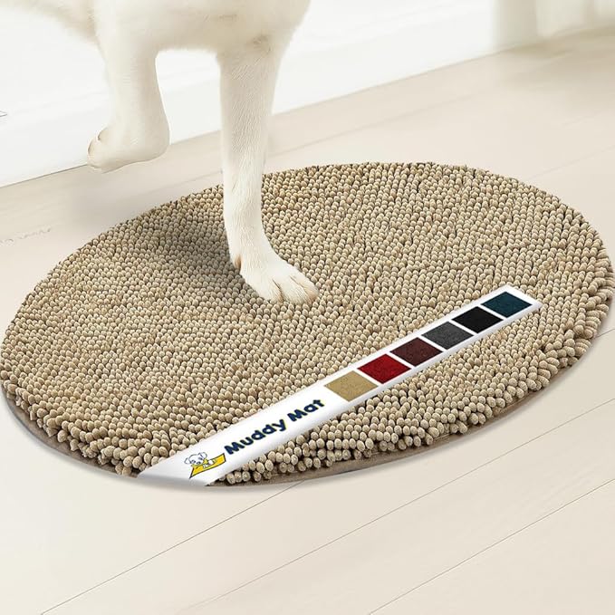 Muddy Mat® Shown on TV – Super Absorbent Microfiber Dog Door Mat for Muddy Paws, Non-Slip Washable Pet Rug, Quick Dry Chenille Entryway Carpet,Machine Washable Indoor Outdoor Mat, Beige Oval 6ft x 9ft