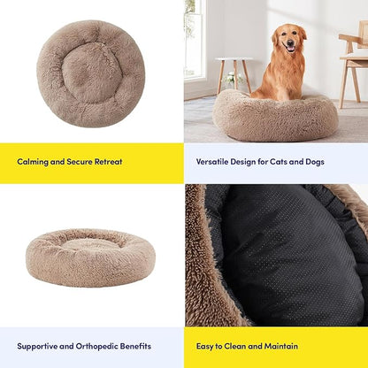 Dog & Cat Bed: Round Faux Fur Pet Bed - Plush, Cozy, & Calming Donut Bed for Large Pets - Soft & Comfortable Sleeping Cushion for Napping & Lounging, 30" Round, Taupe