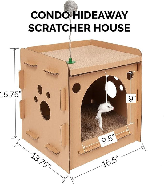 Furhaven Cardboard Cat House w/ Catnip for Indoor Cats, Ft. Scratching Pads & Toys - Modern Condo Corrugated Cat Scratcher Hideout - Cardboard Brown, One Size
