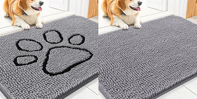 Smiry Dog Door Mat for Muddy Paws, Absorbent Dirt Trapper Non Slip Quick Dry Washable Chenille Mat for Mud Dogs, Entry Rug for Indoor and Outdoor (30x20 Inches, Grey)