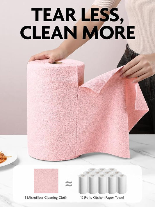 Fantasticlean Microfiber Cleaning Cloth Roll -40 Pack, Tear Away Microfiber Towels, 12" x 12", Reusable, Washable, Lint Free, Ultra Absorbent Dishcloth for Car, Pet, Kitchen Cleaning Supplies (Pink)
