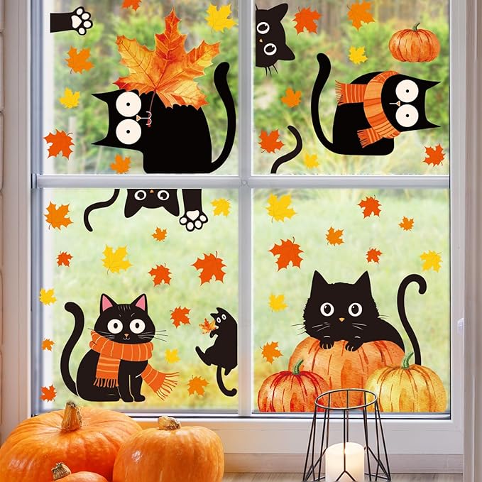 Whaline 6 Sheets Fall Window Clings Cute Black Cat Pumpkin Maple Leaf Reusable Window Decals for Autumn Harvest Thanksgiving Party Supplies Home Classroom Office Decor