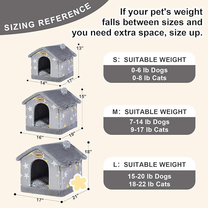 JIUPETY Cute Cat Beds for Indoor Cats, Foldable Cat House with Non-Slip Bottom, S Size Kitten Bed for 0-6 Lb Dogs and 0-8 Lb Cats, Grey