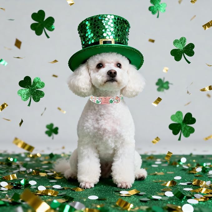 St. Patrick's Day Dog Collar for Small Dogs - Lucky Clover Pastel Dog Collars, Irish Spring Shamrock Pet Collars, Adjustable Heavy Duty Dogs Collar with Metal Buckle S