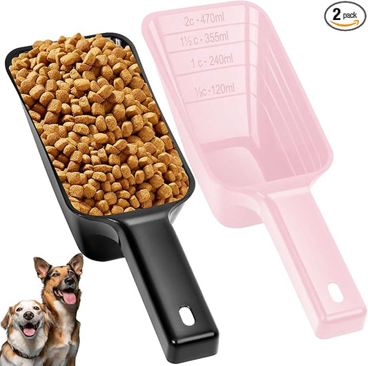 2 Cup Dog Food Scoop(2 Pack), Plastic Pet Food Scoop with Measuring Lines for Accurate Pet Food Portions,Dishwasher Safe (Black and Pink)