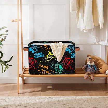 Rectangle Storage Basket with Handles, Cube Organizer Bins for Shelves Collapsible Toys Storage Box Clothes Baskets for Nursery Home Kids Room(Game Video)