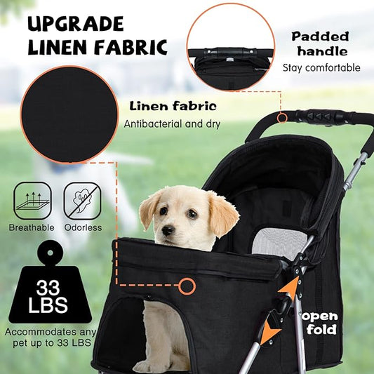 Dog Stroller for Small Dogs,Pet Stroller Strolling Cart Folding Pet Gear Lightweight Waterproof with Storage Basket for Puppy Small Medium Dogs Cats for Travel,Black