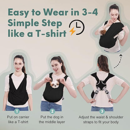Supet Dog Sling Carrier for Small Pets, Hands Free Cat Sling, Reducing Back Neck Pain Anti-Anxiety Puppy Front, Adjustable Soft Dog Carrying (Black, Regular)