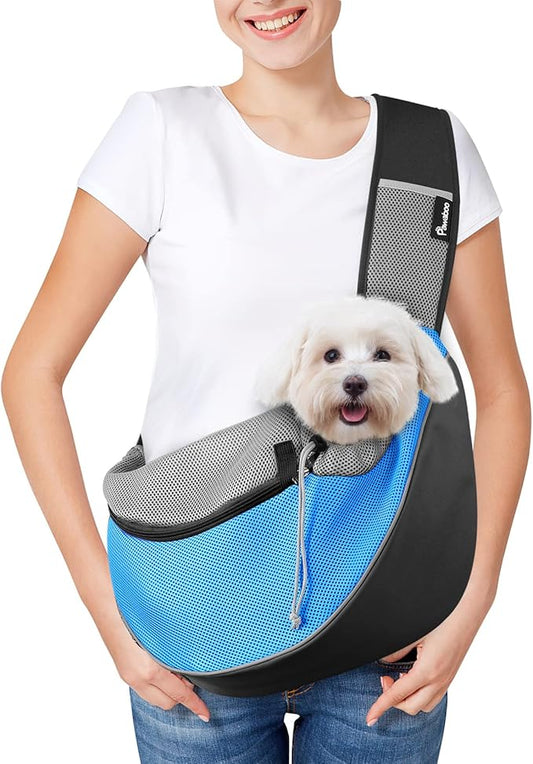 Pawaboo Pet Dog Sling Carrier, Hand Free Drawstring Dog Papoose with Adjustable Strap, Breathable Mesh Bag for Puppy Cat, Crossbody Satchel Dogs Purse with Pocket for Outdoor Travel, Light Blue, Small