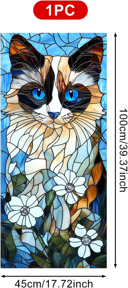 Privacy Window Film Cat Design Decorative Window Cling Stained Glass Style Static Cling Glass Sticker for Cabinet Bathroom Kitchen Door Panel 17.7 x 39.3 Inch