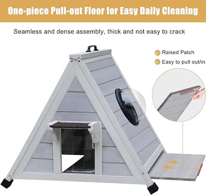 Deblue Outdoor Cat House for Feral Cats, Weatherproof Wooden Cat House for Small Pets, Unique Cat Shelter with Escape Door, Clear Window-Grey