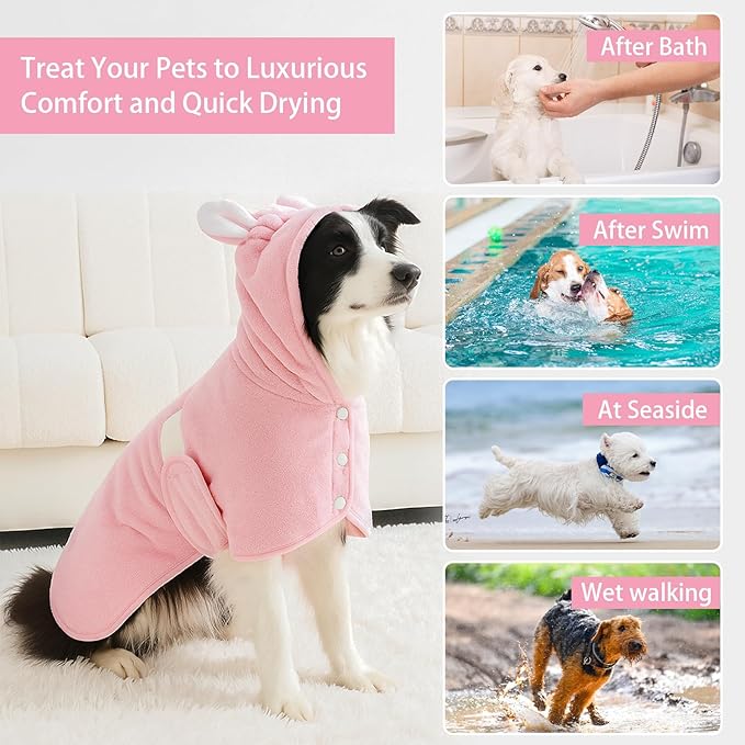 Pet Bathrobe Towel Dog Cat Drying Coat Super Absorbent Cute Dogs Bath Towel Hooded Robe Adjustable Collar & Belly Strap for XSmall to XLarge Pets (Pink, Large)