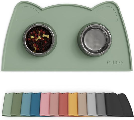 OHMO - Cat Food Mat, Silicone Pet Feeding Mat for Floor Non-Skid Waterproof Dog Water Bowl Tray, Easy to Clean Pet Placemat (Sage Green, 18 * 9.8'')