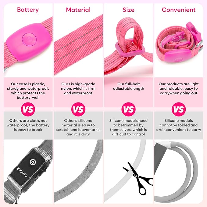 LED Lighted Reflective Dog Collar for Night Safety, USB Rechargeable, Glow Collar for Dogs, Waterproof Adjustable Flashing (Pink, Large)