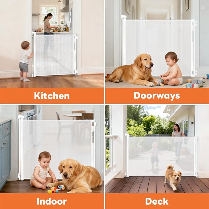 Retractable Baby Gates for Doorways, Mesh Dog Gate for Stairs, Pet Gate Indoor, Extends to 55" Wide 33" Tall, Safety Toddlers Gates for Hallways, Indoor & Outdoor Use, White