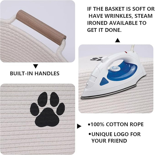 Geyecete dog toy basket Cotton Rope dog toy box with wood handle pet toy bin Blanket Storage Basket Decorative Clothes Hamper Basket Large Baskets
