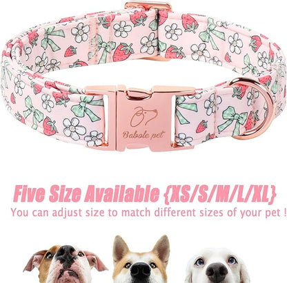 Pink Girl Dog Collar, Sweet Strawberry Spring Summer Dog Collars, Vintage Bow Puppy Collar, Adjustable Heavy Duty Pet Collar for Small Medium Large Dogs with Metal Buckle M