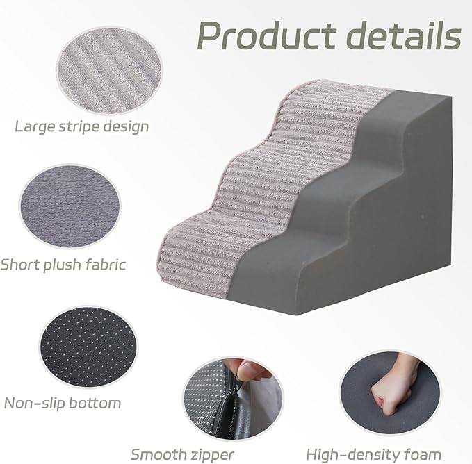 Dog Stairs for Small Dogs and Cats 18" H, High Density Support Foam Dog Steps Ramp for Bed and Couch, Pet Stairs with Non-Slip Bottom and Remove Washable Cover, 4-Step Pet Steps, Grey