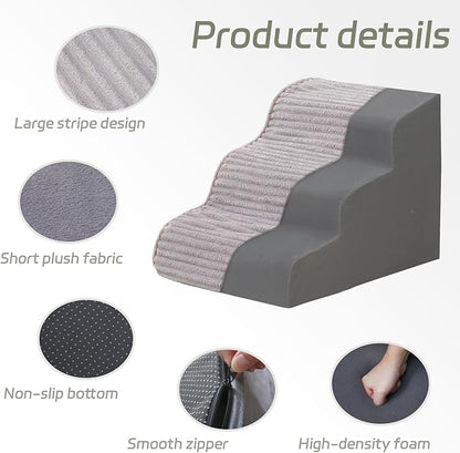 Dog Stairs for Small Dogs & Cats 15.7" H, High Density Foam Dog Steps Ramp for Couch Sofa and Chair, Pet Stairs with Non-Slip Bottom and Remove Washable Cover, 3-Step Pet Steps, Grey