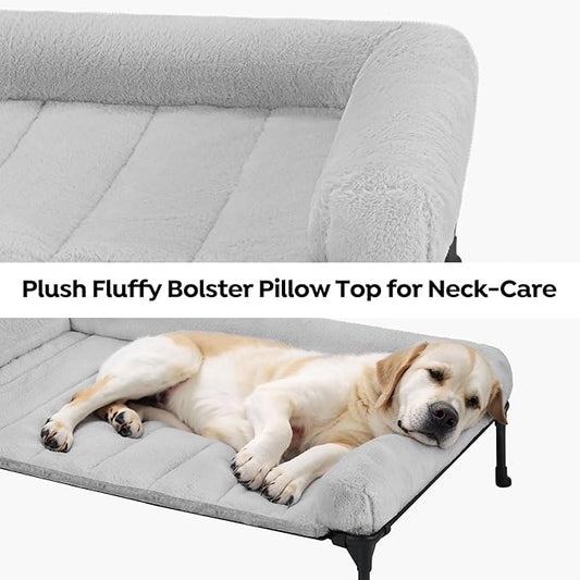 Veehoo Orthopedic Elevated Dog Bed with Fluffy Plush Bolster Cushion, Indoor Raised Dog Beds for Large Dogs, Soft Pet Sofa Cot with Removable Washable Mat, No-Slip Feet, 42 x 30 inches, Grey