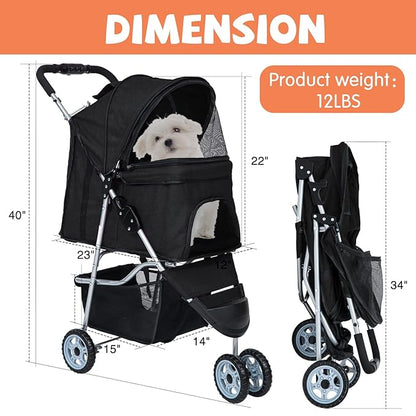 Dog Stroller for Small Dogs,Pet Stroller Strolling Cart Folding Pet Gear Lightweight Waterproof with Storage Basket for Puppy Small Medium Dogs Cats for Travel,Black